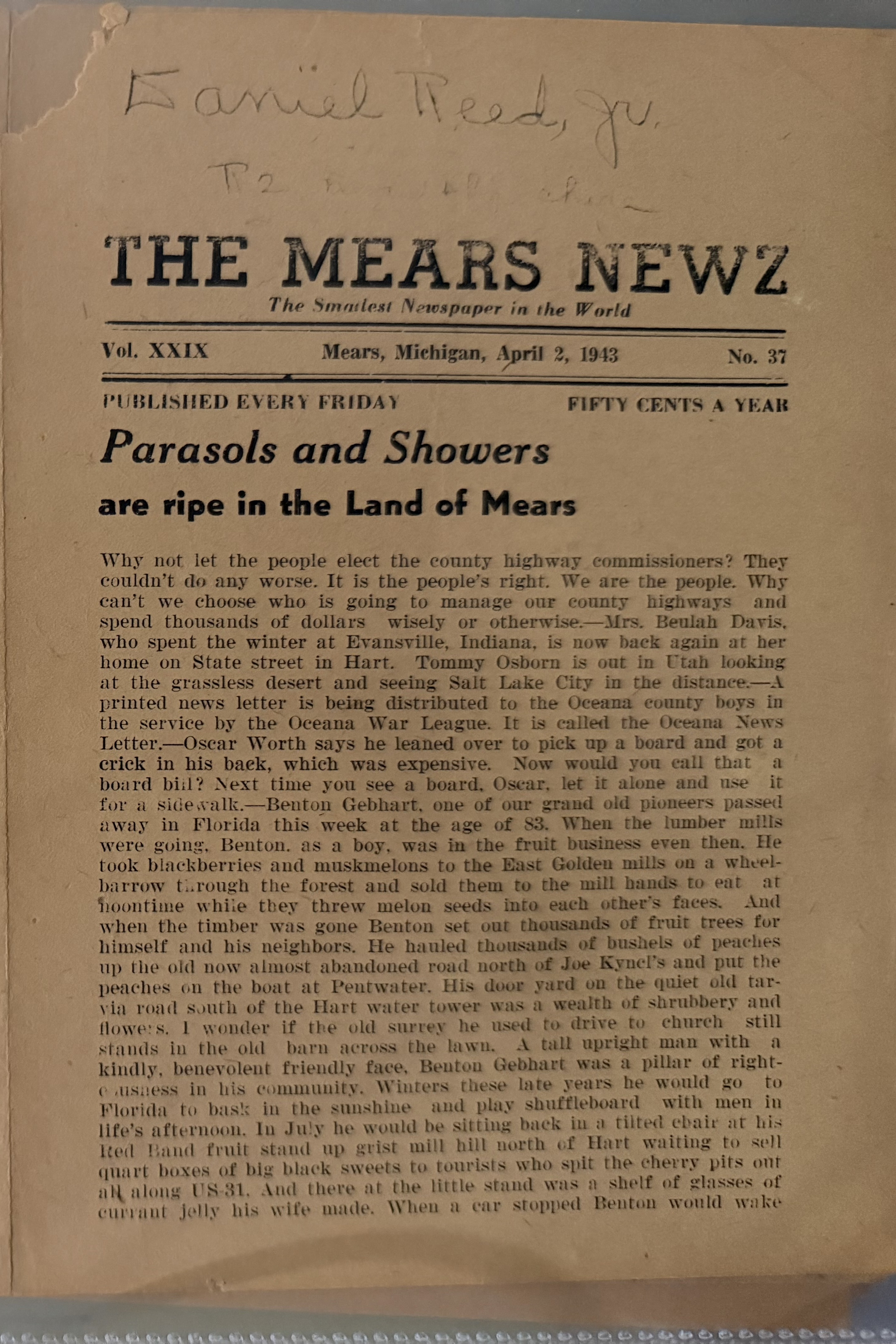 Page 1 of Parasols and Showers are ripe in the Land of Mears